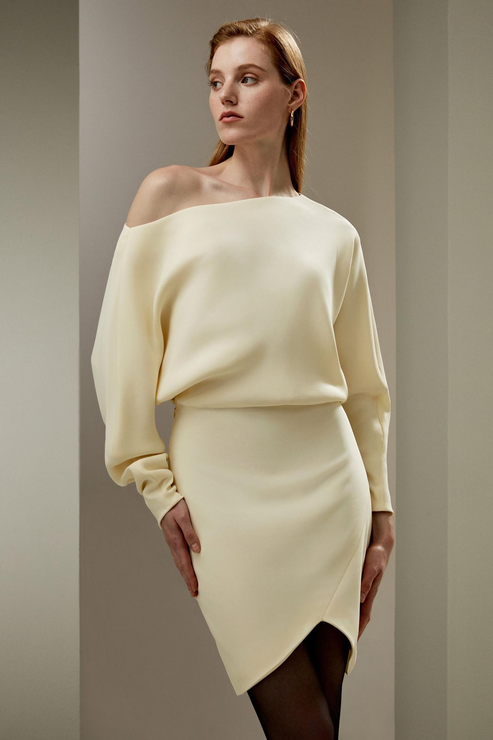 Long Sleeve Gathered Silk Mini Dress Product Image