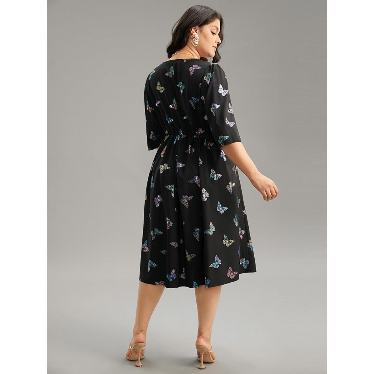 Plus Size Butterfly Glitter V Neck Ruched Dress Black Women Party Wrap Overlap Collar Half Sleeve Curvy Midi Dress BloomChic 12/L Product Image