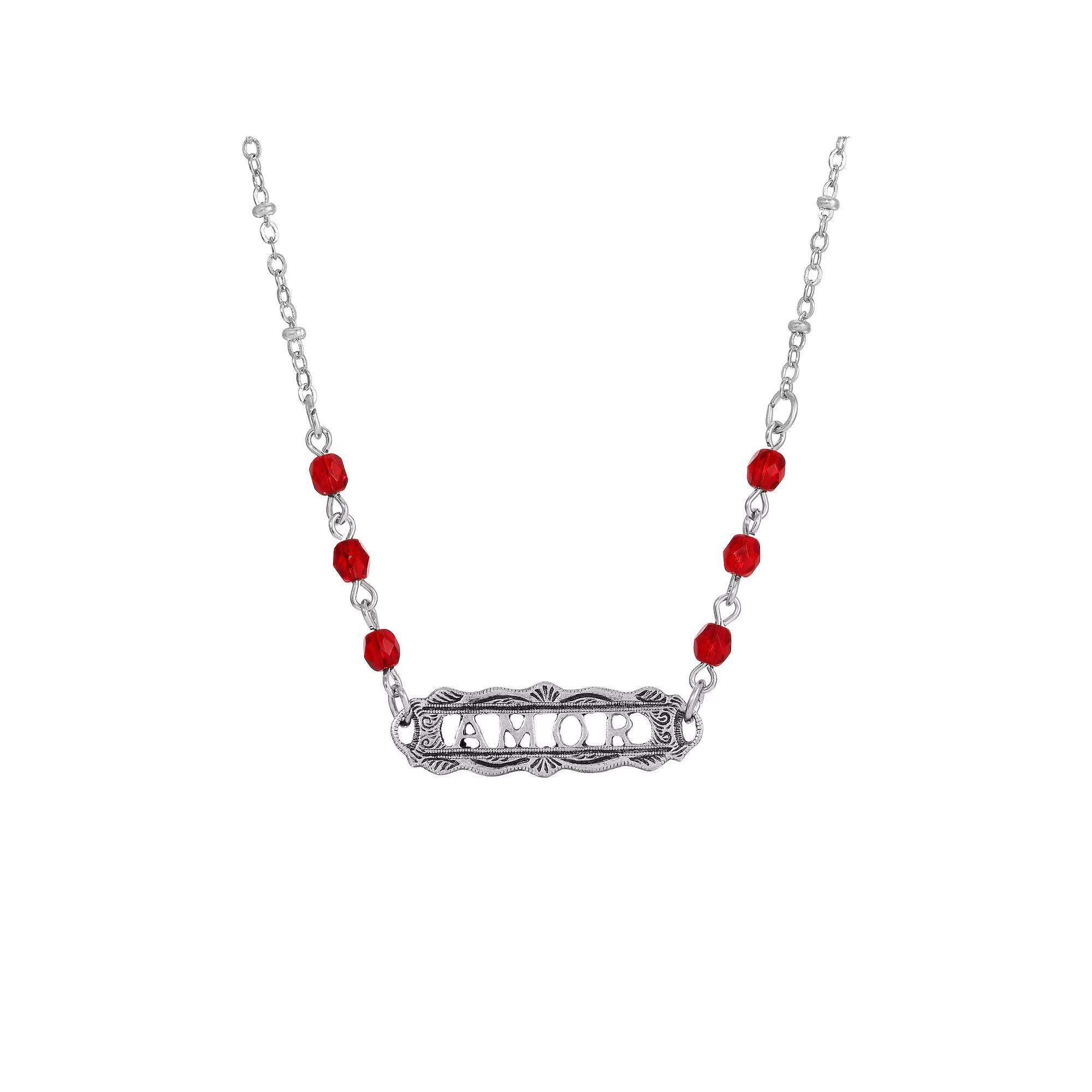 1928 Pewter Red Beaded Amor Necklace, Womens Product Image