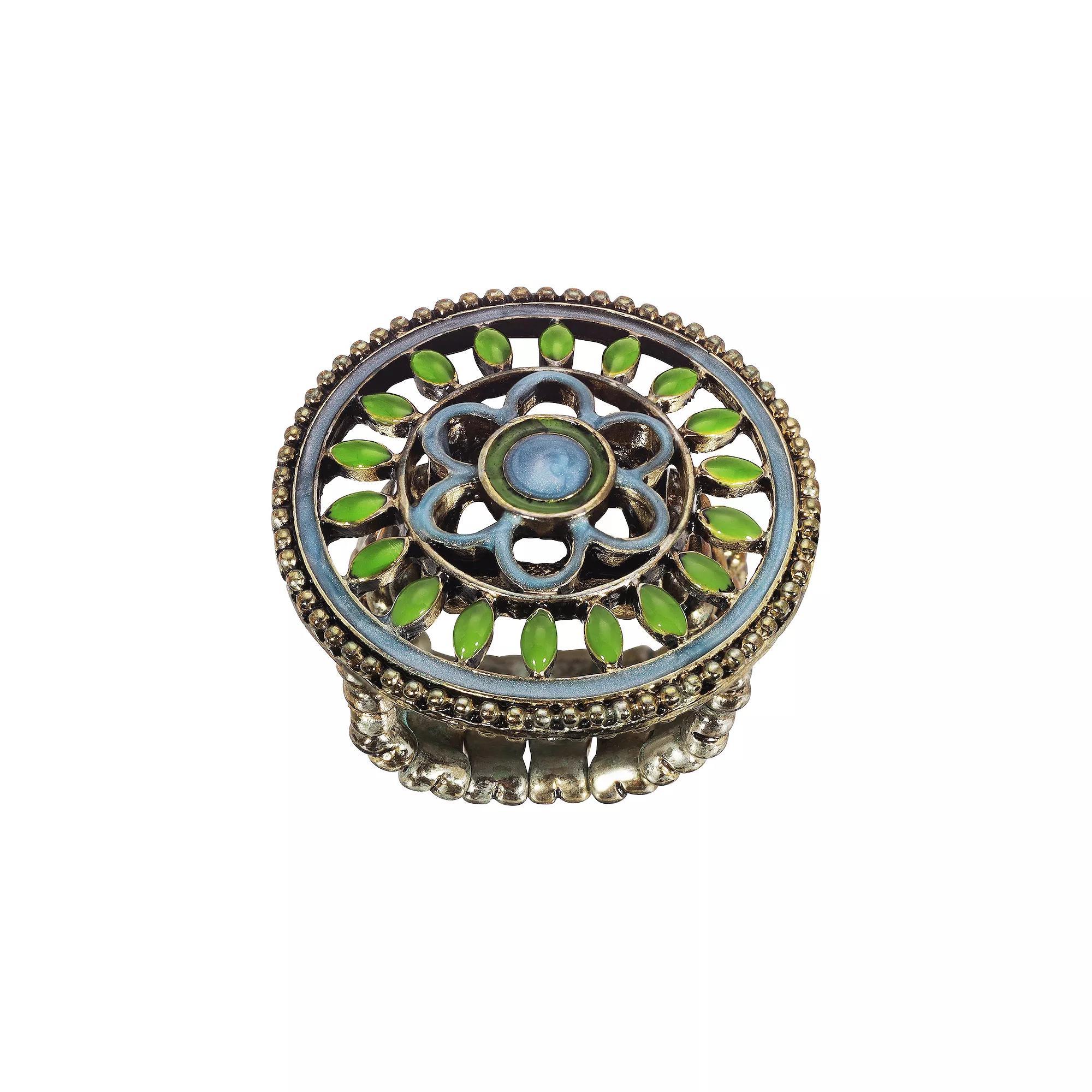 1928 Gold Tone Blue & Green Enamel Round Floral Stretch Ring, Womens Product Image