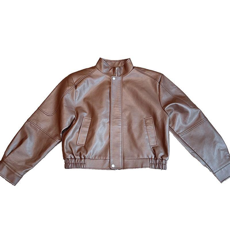 Stand Collar Plain Faux Leather Zip Jacket Product Image