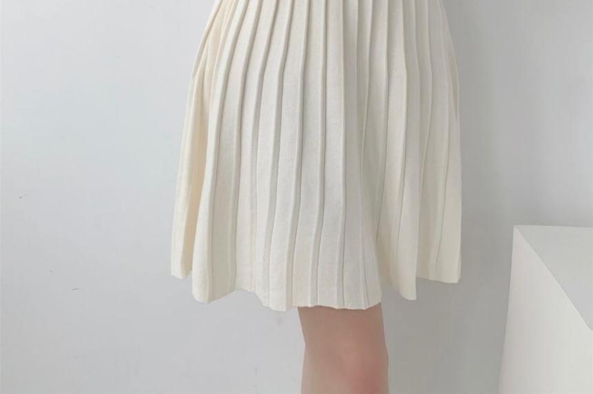 Long-Sleeve Plain Ribbed Keyhole Mini Knit Dress Product Image