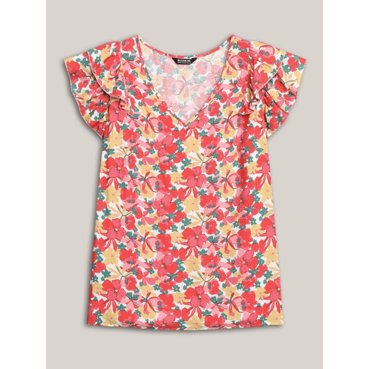 Plus Size Crimson Ruffled Bright Floral Print Blouse Women Cap Sleeve V-neck Everyday-Elegant Blouses BloomChic 30/6X Product Image