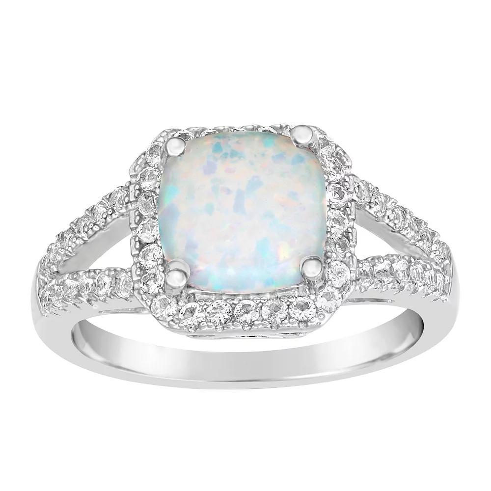 Gemminded Sterling Silver Lab-Created Opal & White Topaz Halo Ring, Women's, Size: 9 Product Image