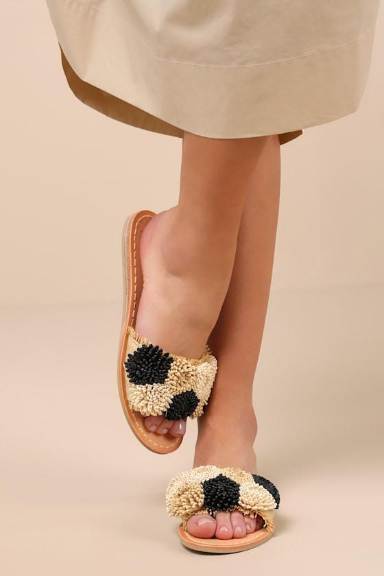 Danela Black and Natural Raffia Slide Sandals Product Image