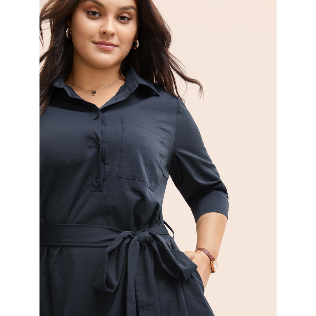 Plus Size Shirt Collar Belted Arc Hem Dress DarkBlue Women At the Office Belted Shirt collar Elbow-length sleeve Curvy BloomChic 18-20/2X Product Image