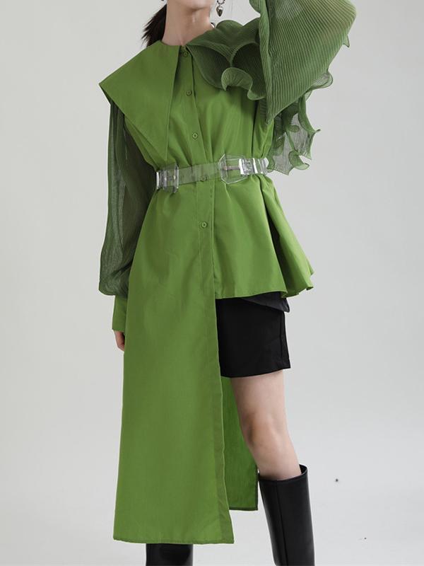 Long Sleeves Loose Asymmetric Pleated Solid Color Split-Joint Falbala Lapel Blouses&Shirts Tops Product Image