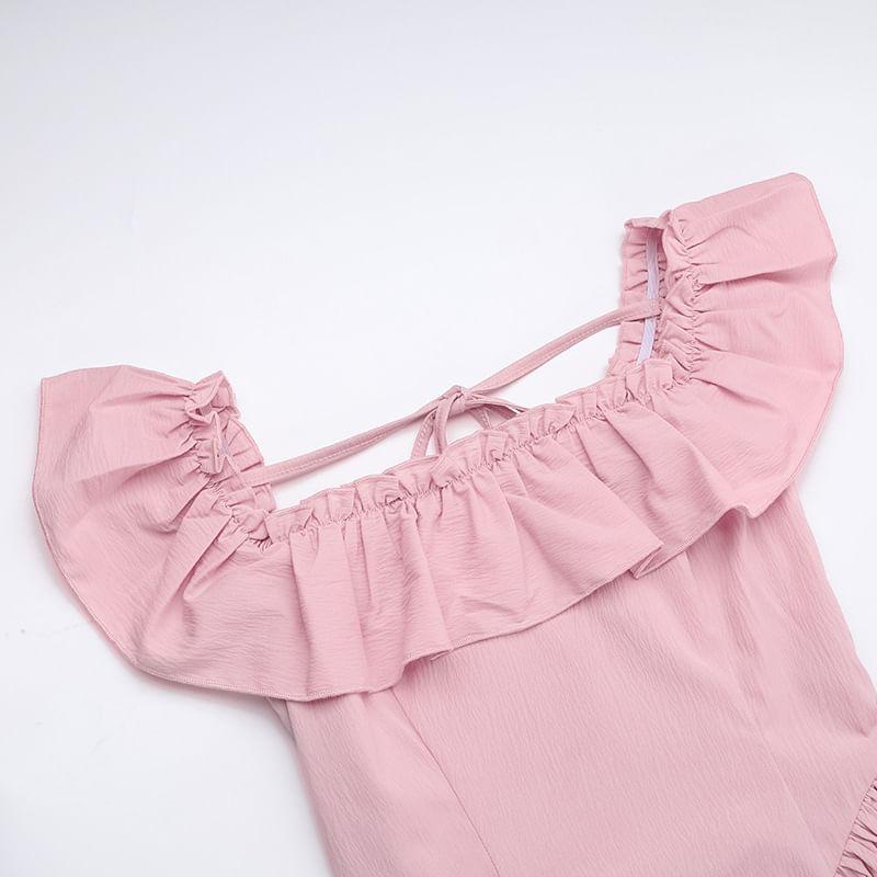 Cap-Sleeve Square Neck Plain Maxi A-Line Dress Product Image