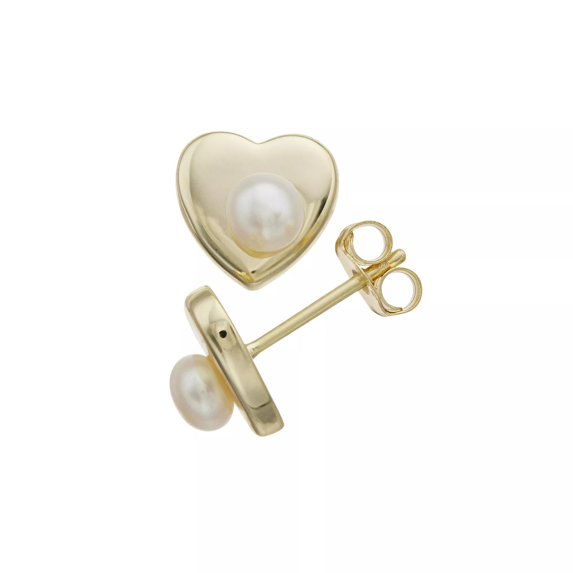 14k Gold Over Sterling Silver Freshwater Cultured Pearl Heart Stud Earrings, Womens, Gold Tone Product Image