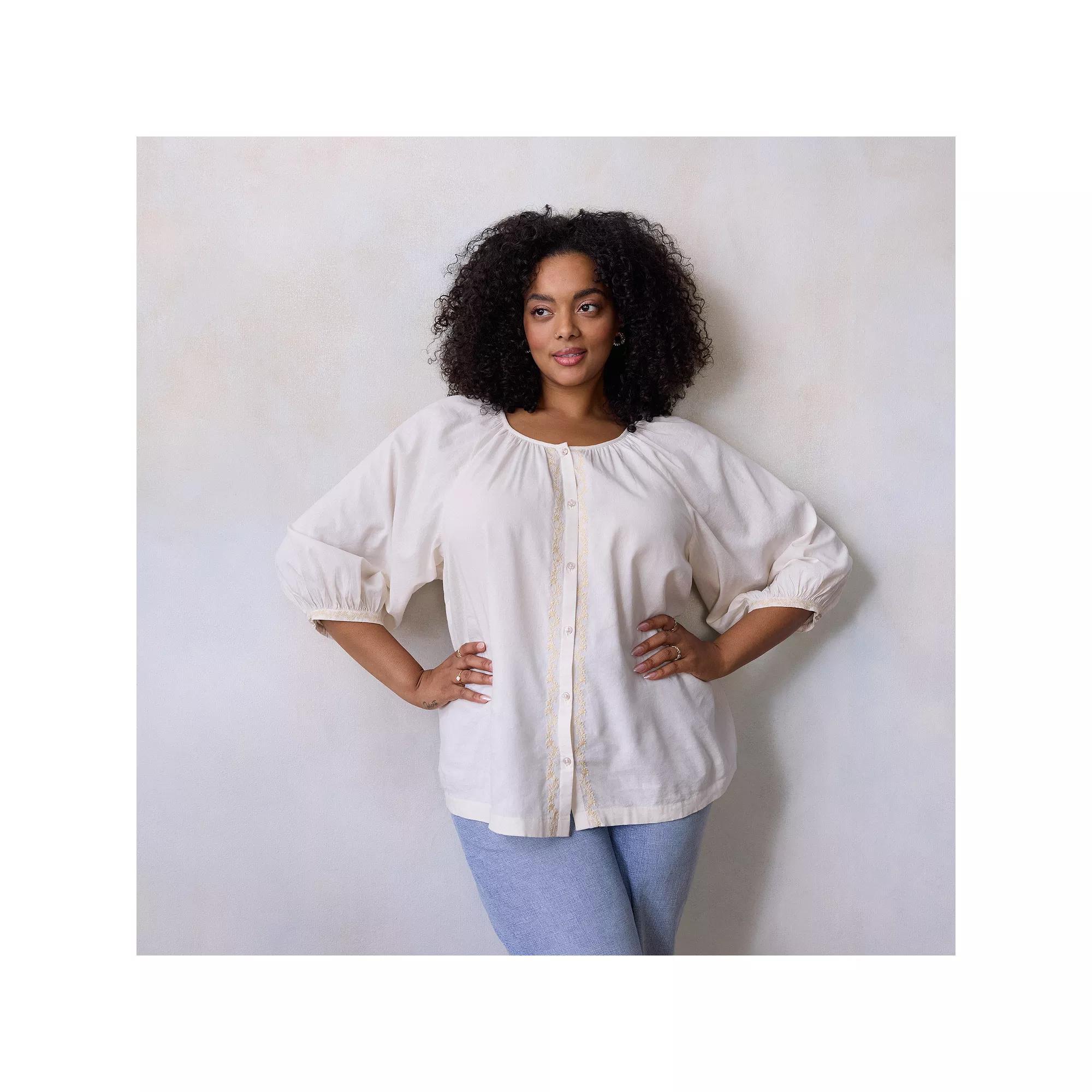 Plus Size LC Lauren Conrad Raglan Sleeve Button Front Peasant Top, Women's, Size: 0X, Ivory Silk Product Image