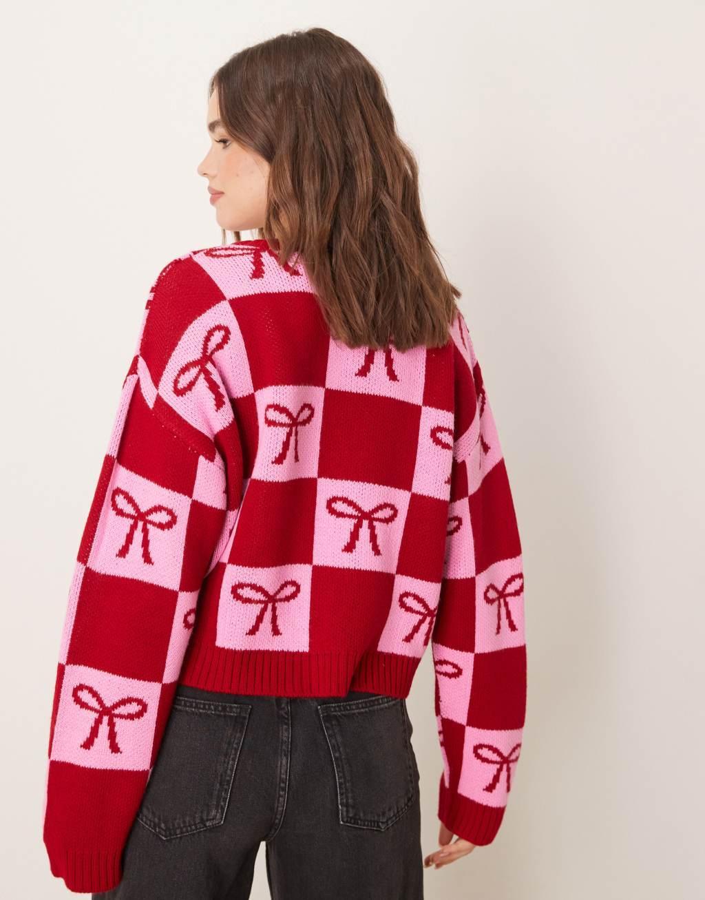 Miss Selfridge bow detail cardigan in red and pink Product Image