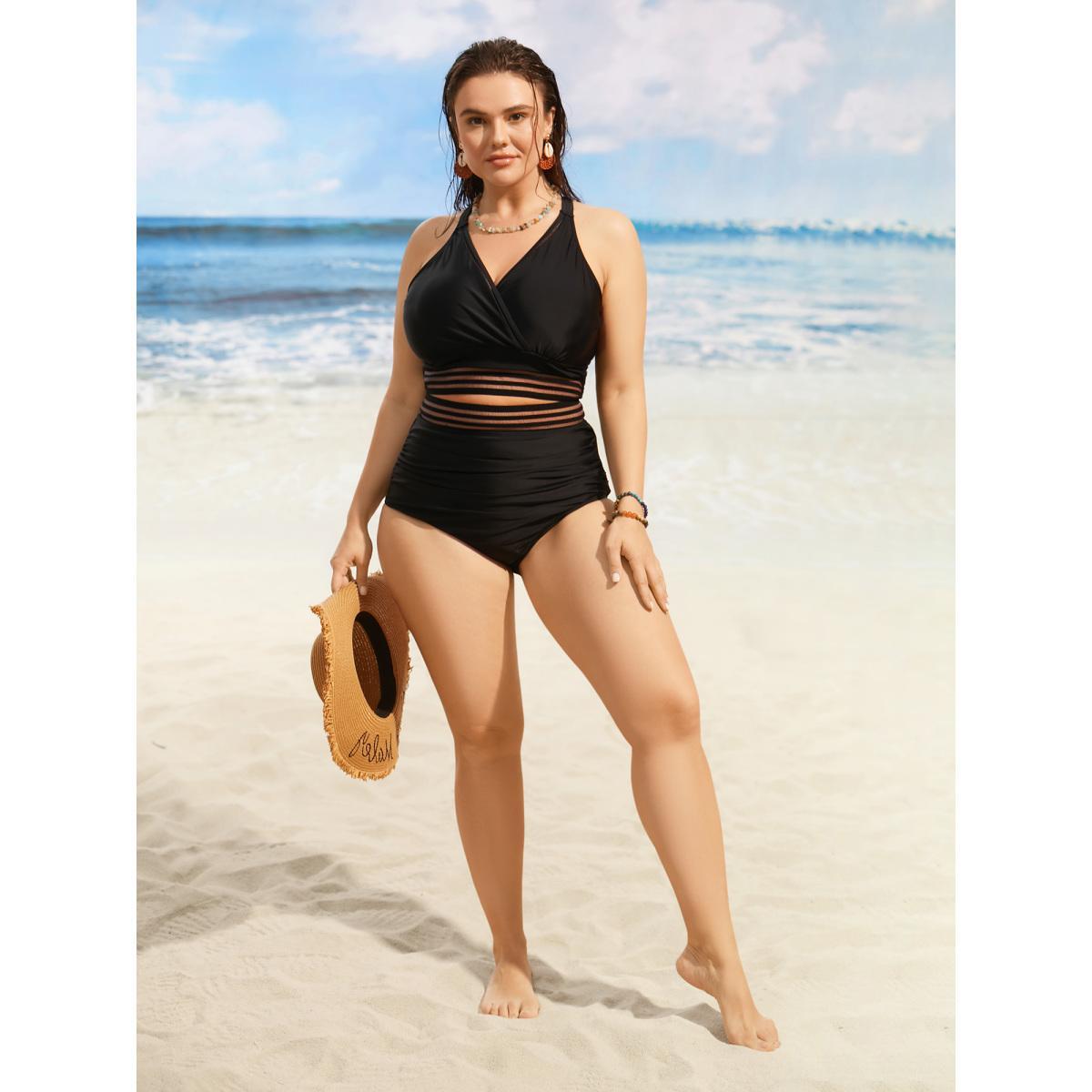 Plus Size Woven Ribbon Gathered High stretch Swim Bottom Women's Swimwear Indigo Beach Woven ribbon&lace trim High stretch Skinny High Rise Curve Swim Bottoms BloomChic 30/6X Product Image