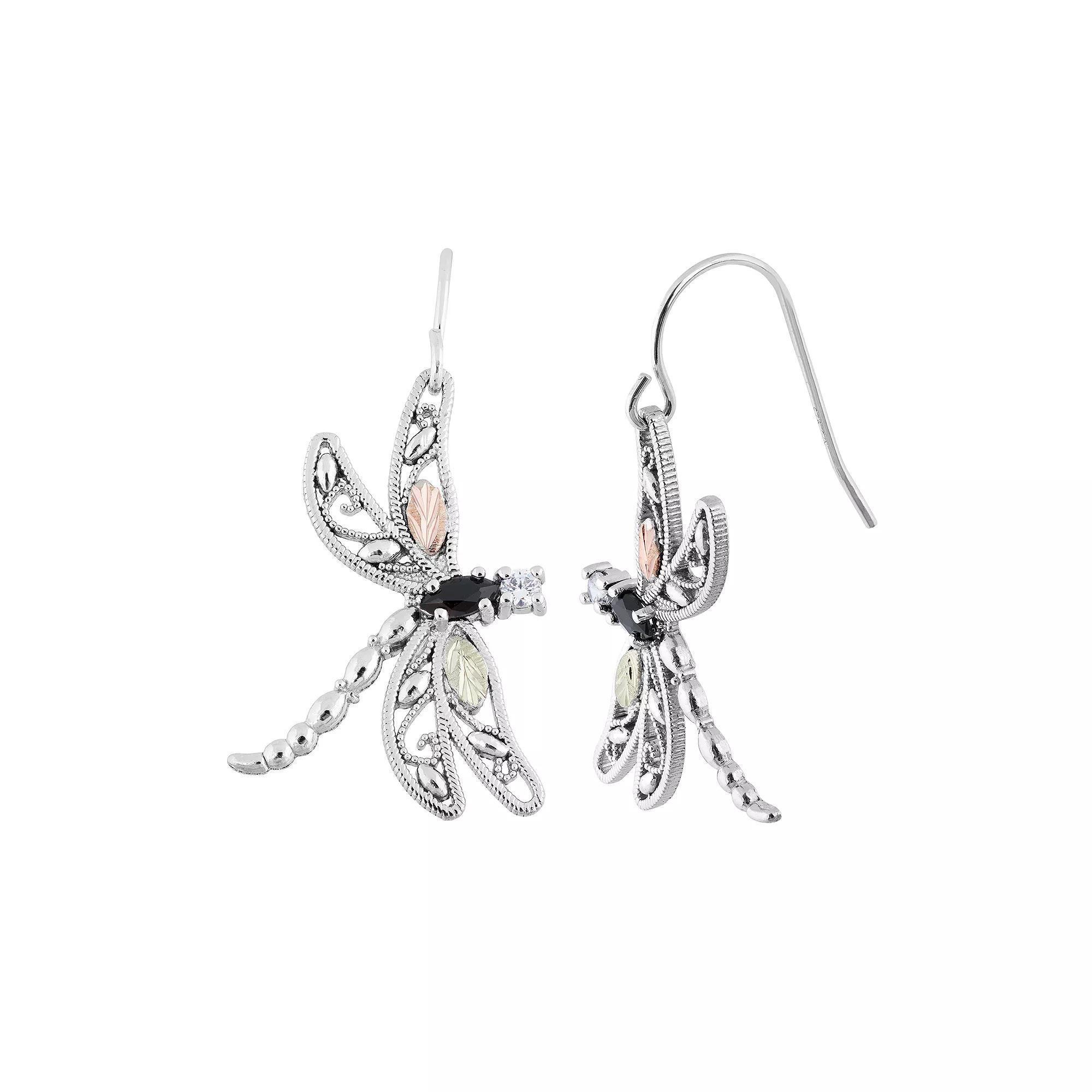 Black Hills Gold Tri-Tone Onyx & Cubic Zirconia Dragonfly Drop Earrings in Sterling Silver, Women's Product Image