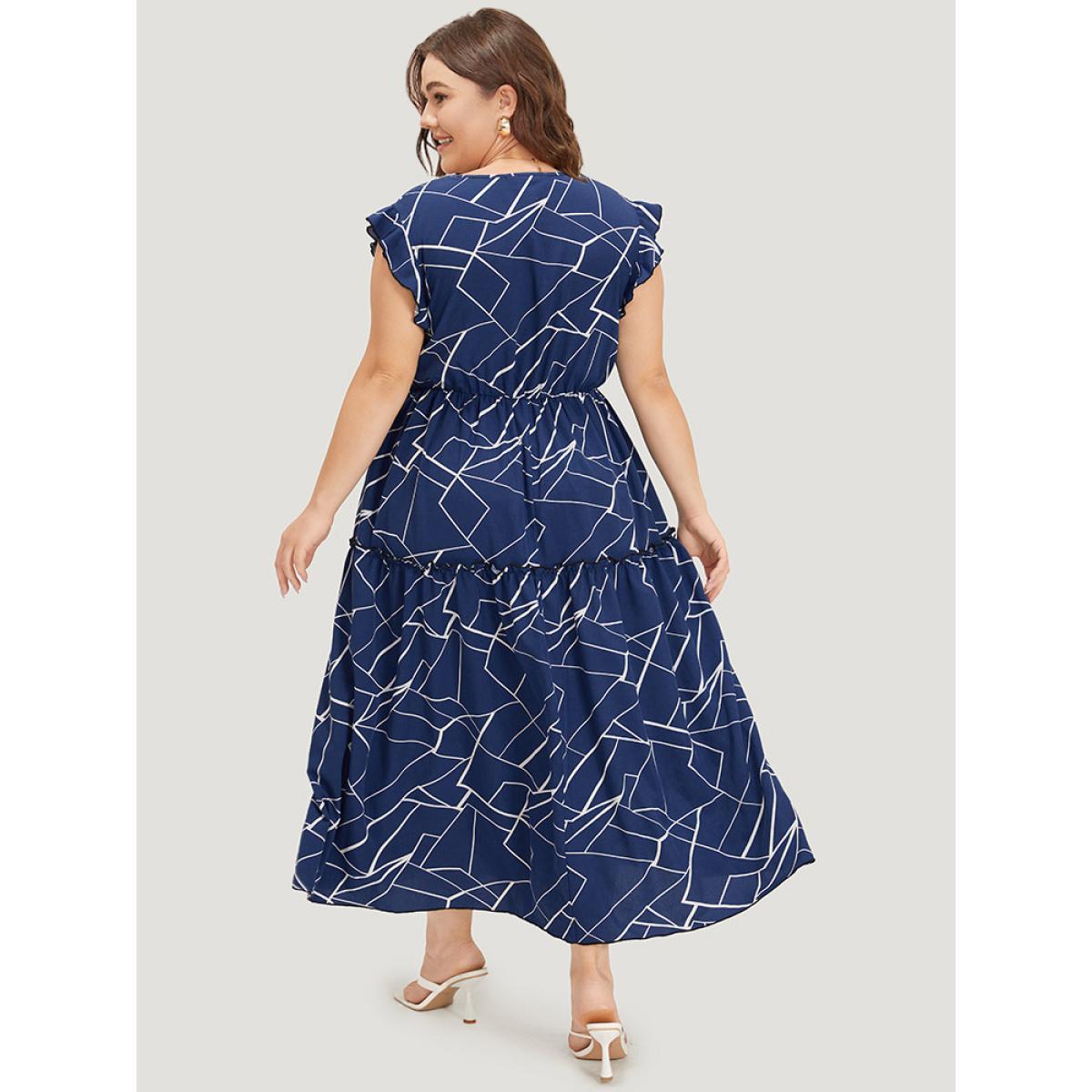 Plus Size Geometric Print Ruffle Cap Sleeve Wrap Layered Hem Dress Indigo Women Office Printed V-neck Cap Sleeve Curvy Long Dress BloomChic 26/4X Product Image