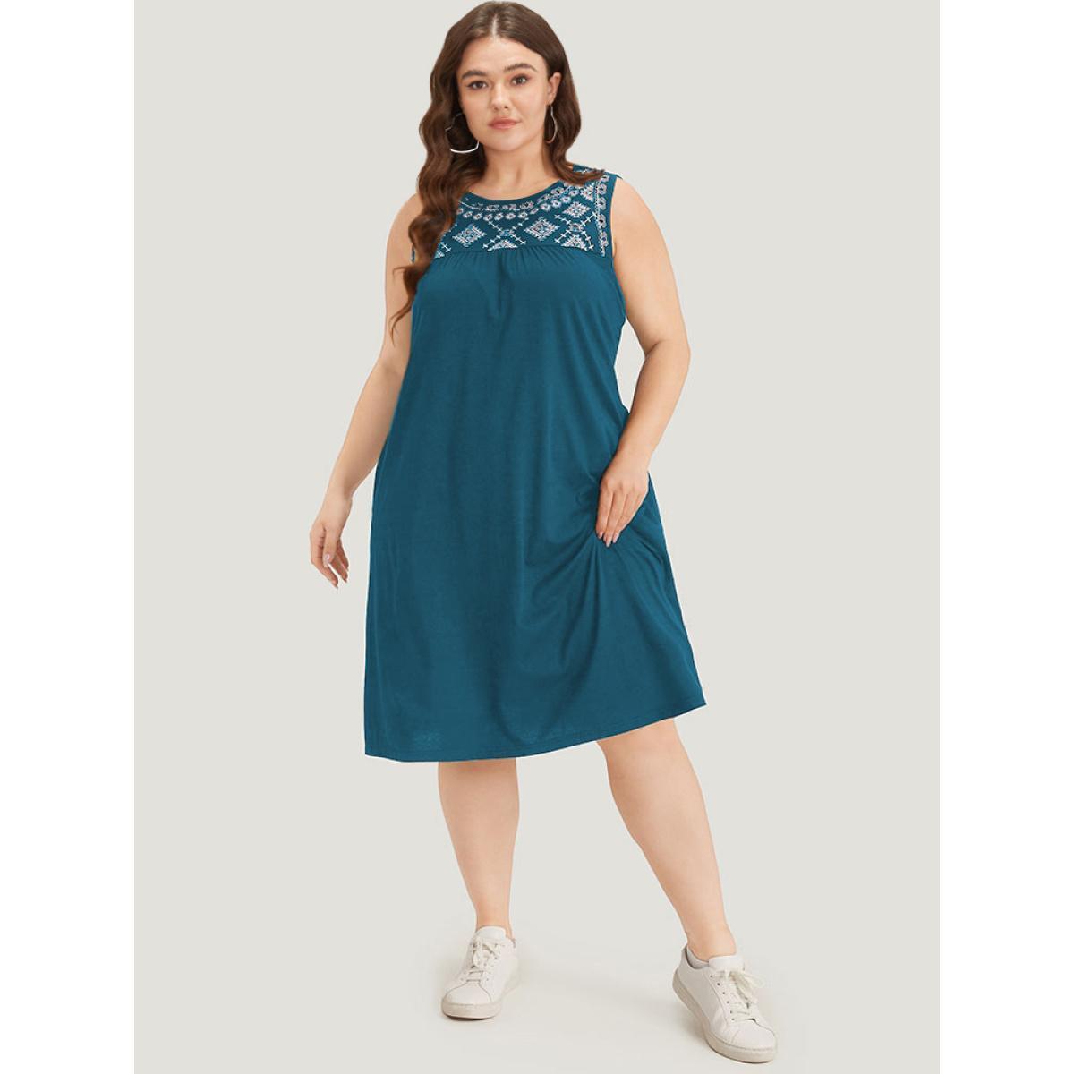 Plus Size Embroidered Pocket Patchwork Tank Midi Dress Aegean Women Casual Plain Round Neck Sleeveless Curvy Knee Dress BloomChic 28/5X Product Image