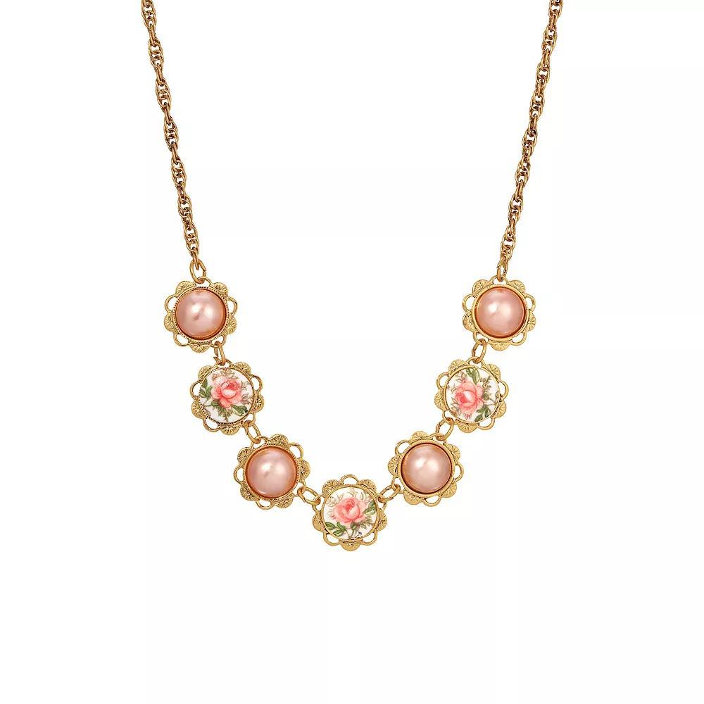 1928 Gold Tone Pink Floral Collar Necklace, Womens Product Image
