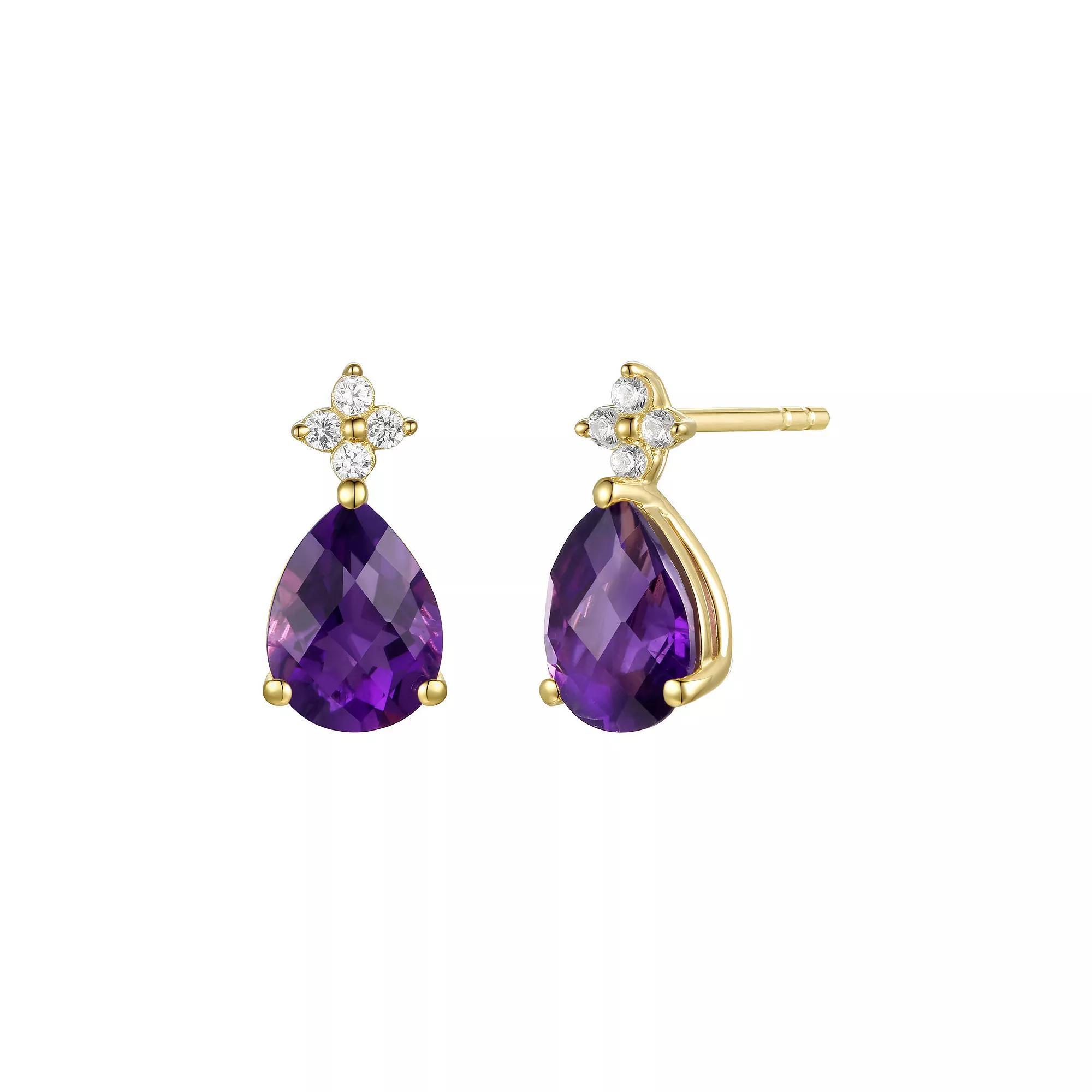 Flash-Plated 14k Gold Amethyst & Lab-Created White Sapphire Teardrop Stud Earrings, Womens, Gold Tone Product Image