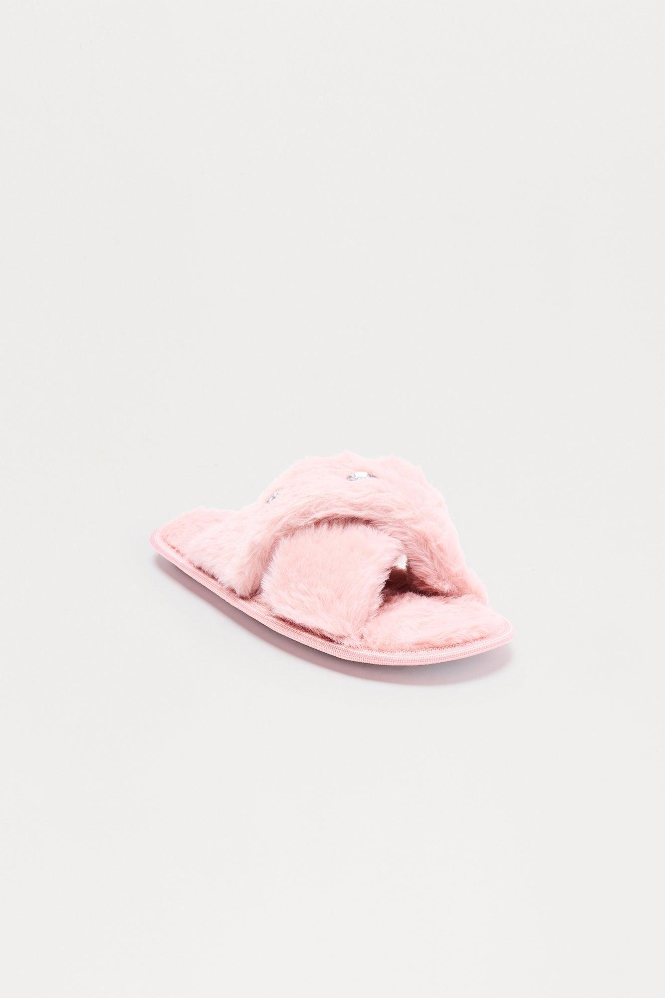 Piper Rhinestone Faux Fur Slippers - Pink Product Image