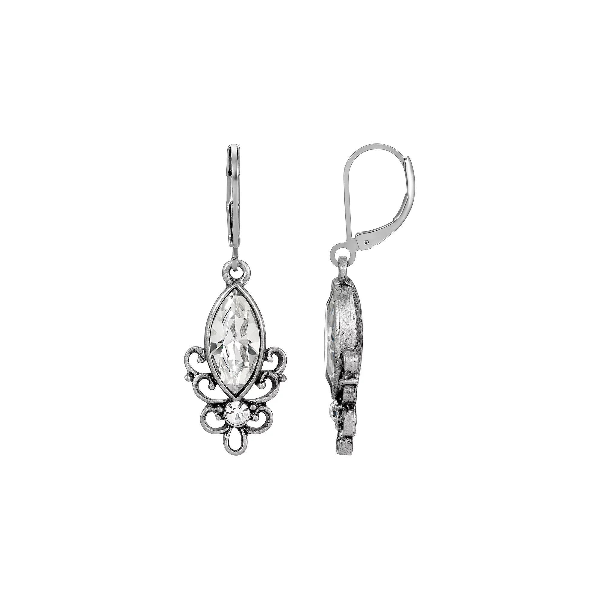1928 Silver Tone Pewter Filigree Drop Earrings, Womens, Clear Product Image