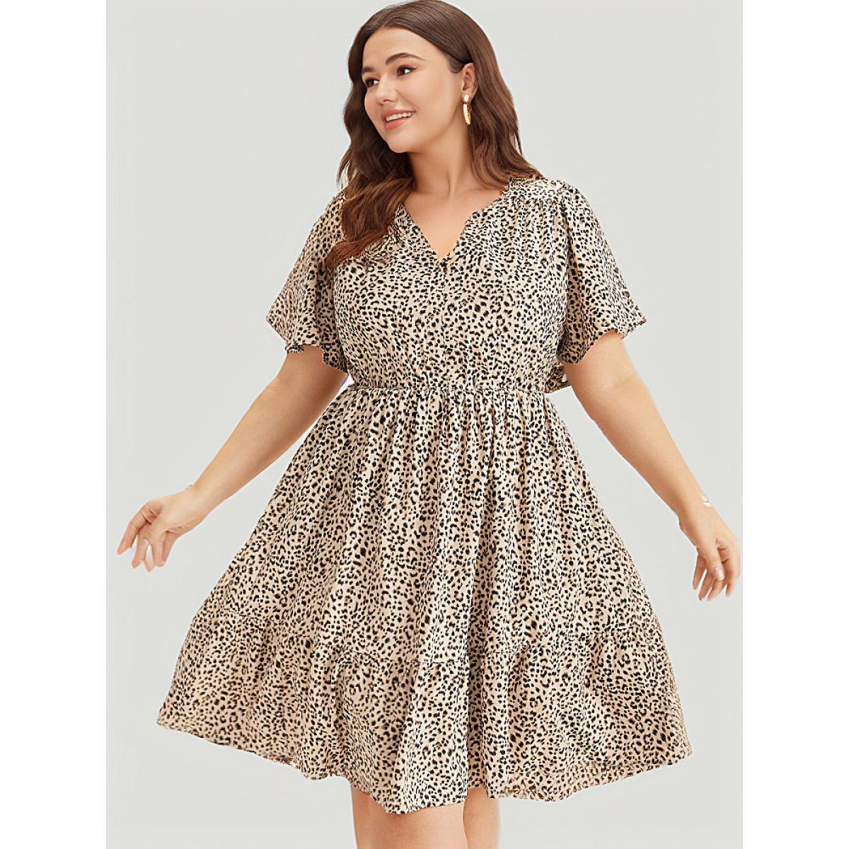 Plus Size Leopard Notched Pocket Gathered Ruffle Layered Hem Dress LightBrown Women Elegant Notched collar Short sleeve Curvy Knee Dress BloomChic 28/5X Product Image
