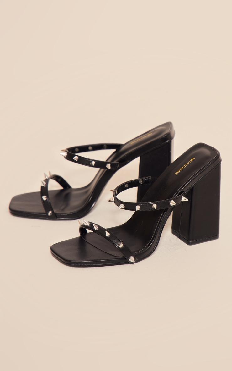 Black Pu Square Toe Studded Double Strap Heeled Mules Product Image