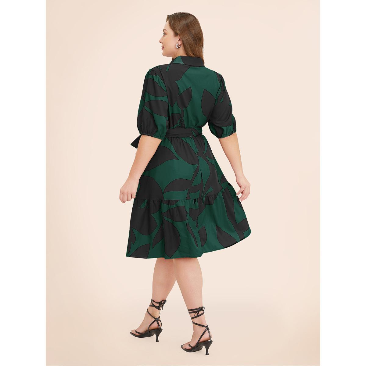 Plus Size Plant Pocket Puff Sleeve Belt Ruffle Hem Button Up Dress DarkGreen Women Office Belted Shirt collar Short sleeve Curvy Knee Dress BloomChic 14-16/1X Product Image