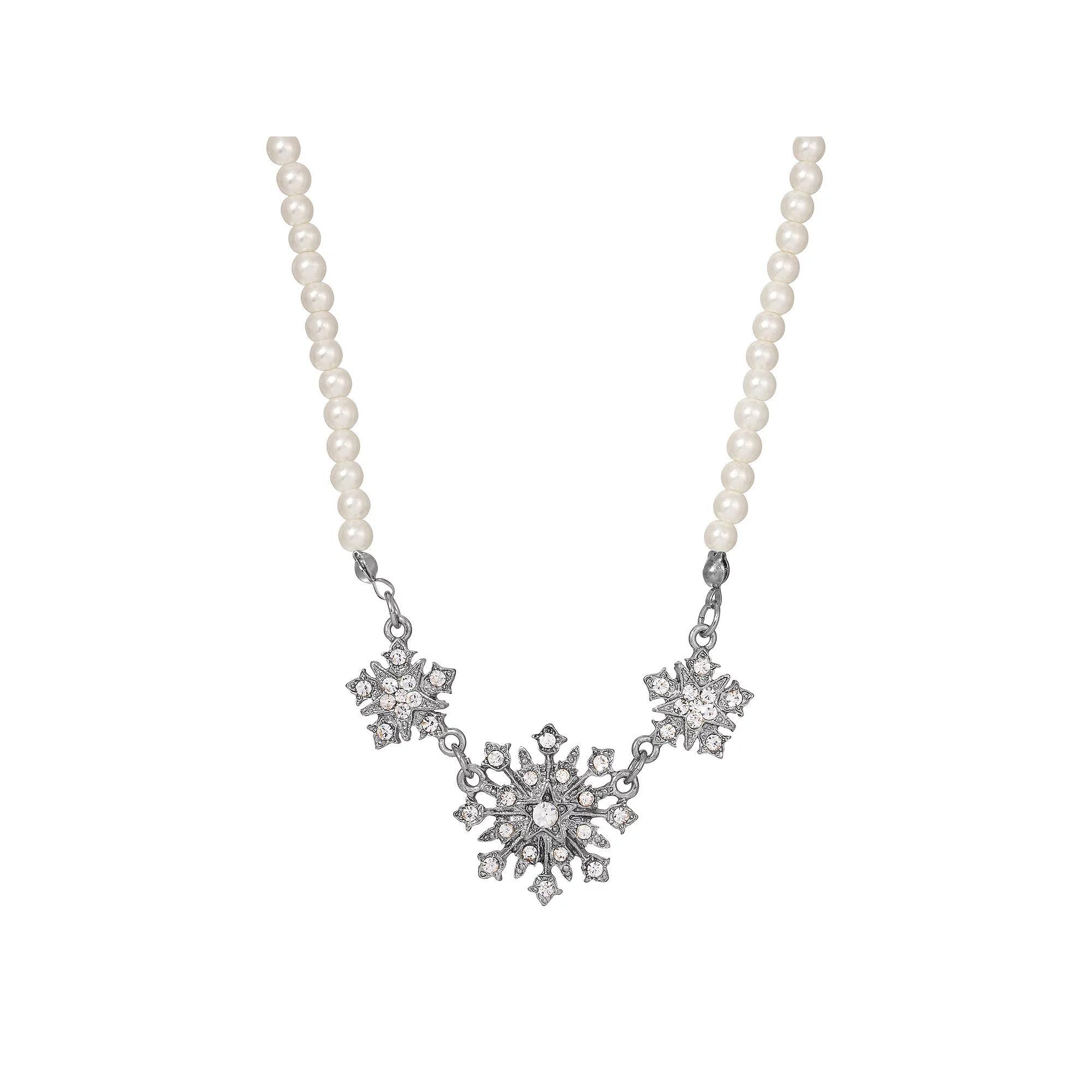 1928 Gold Tone Simulated Pearl & Crystal Starburst Necklace, Womens, Gold White Product Image