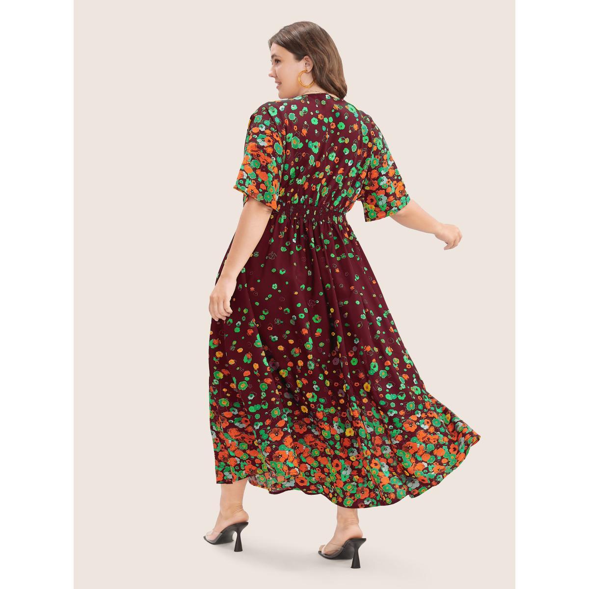 Plus Size Floral Printed Pocket V Neck Shirred Split Hem Dress Burgundy Women Elegant Non V-neck Short sleeve Curvy Midi Dress BloomChic 12/L Product Image