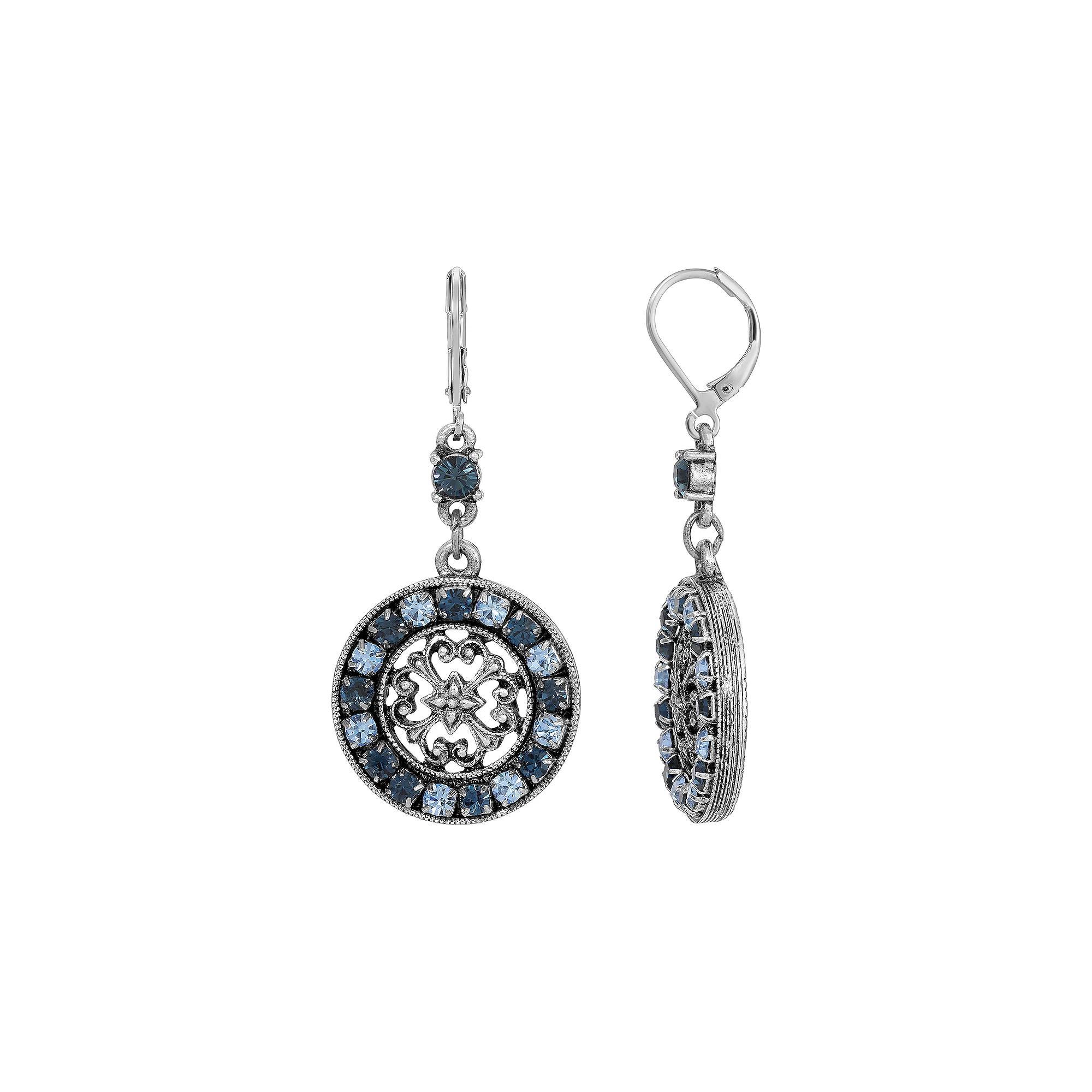 1928 Silver Tone Crystal Round Drop Earrings, Womens, Blue Product Image