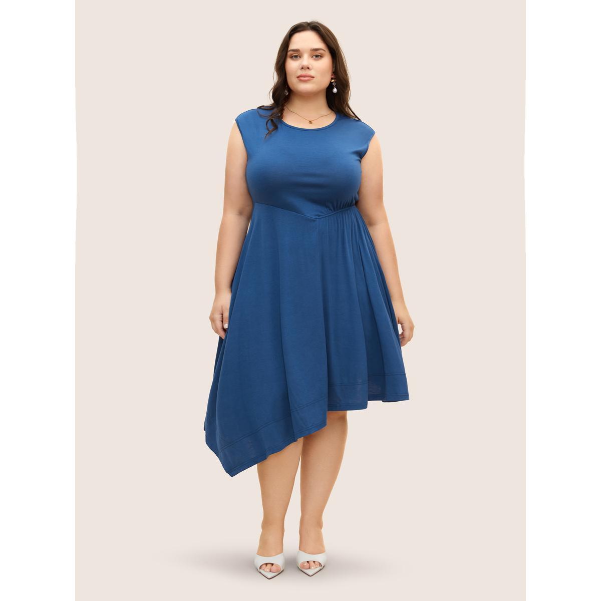 Plus Size Solid Crew Neck Asymmetrical Hem Dress Mediumblue Women Elegant Gathered Round Neck Cap Sleeve Curvy BloomChic 26/4X Product Image