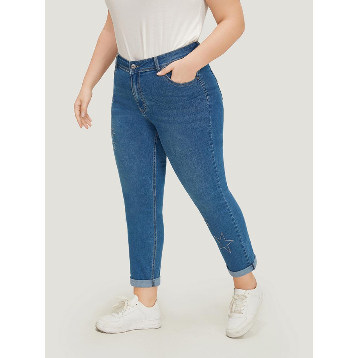 Plus Size Very Stretchy High Rise Moon & Star Embroidered Jeans Women Blue Casual Star and moon Roll Hem High stretch Pocket Jeans BloomChic 16/1X Product Image