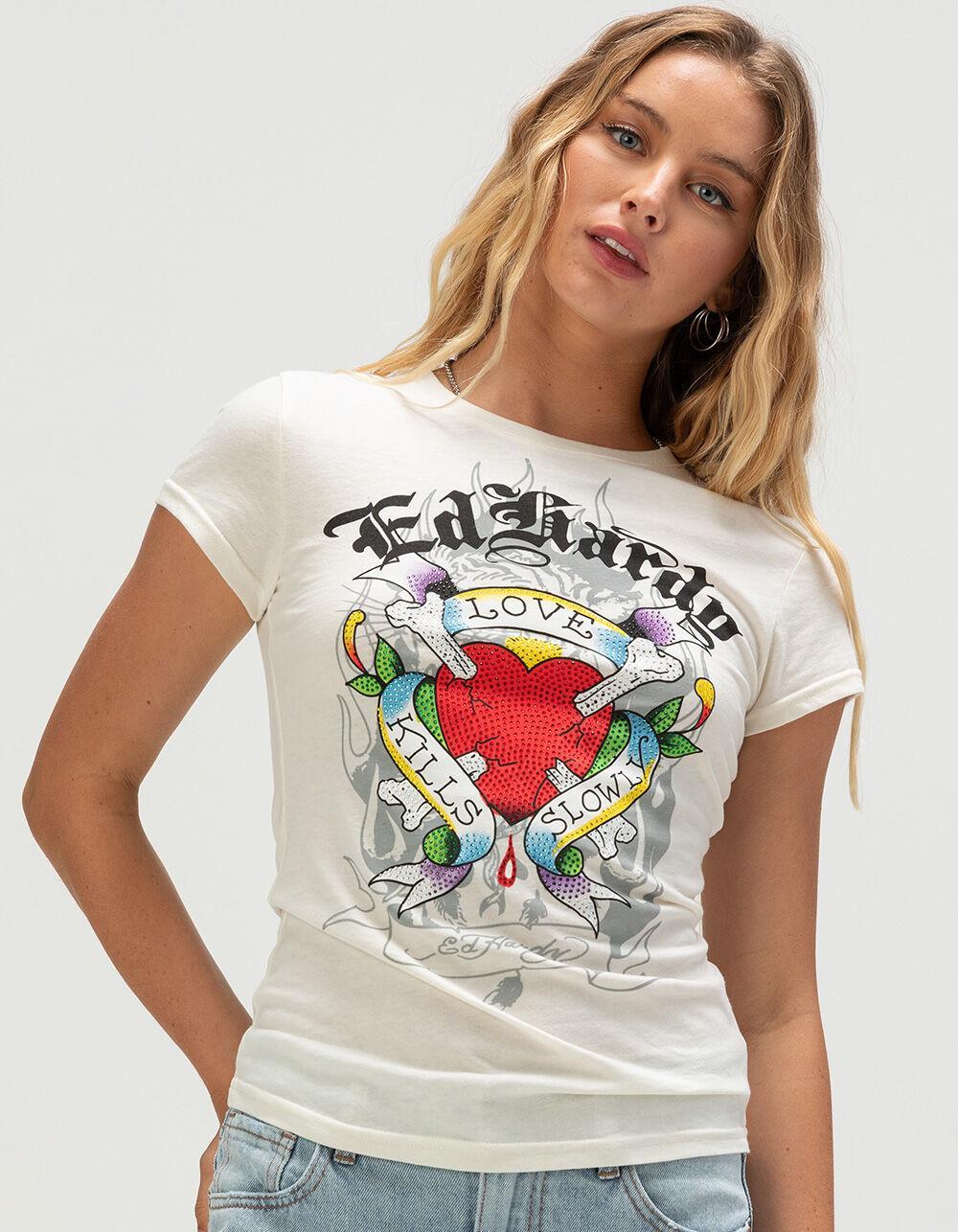 ED HARDY Love Kills Slowly Rhinestone Womens Fitted Tee - IVORY Product Image