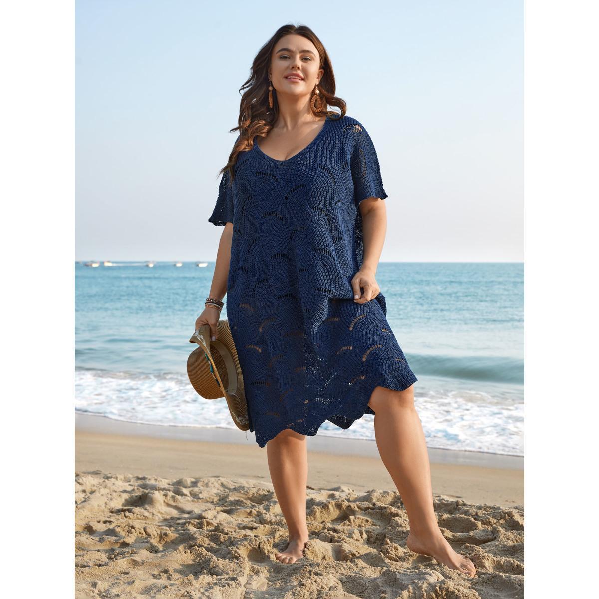 Plus Size Cut-Out Solid V-Neck Swimsuit Coverup Women's Swimwear Indigo Beach Loose Texture Curve Swim Cover Ups BloomChic 22-24/3X Product Image