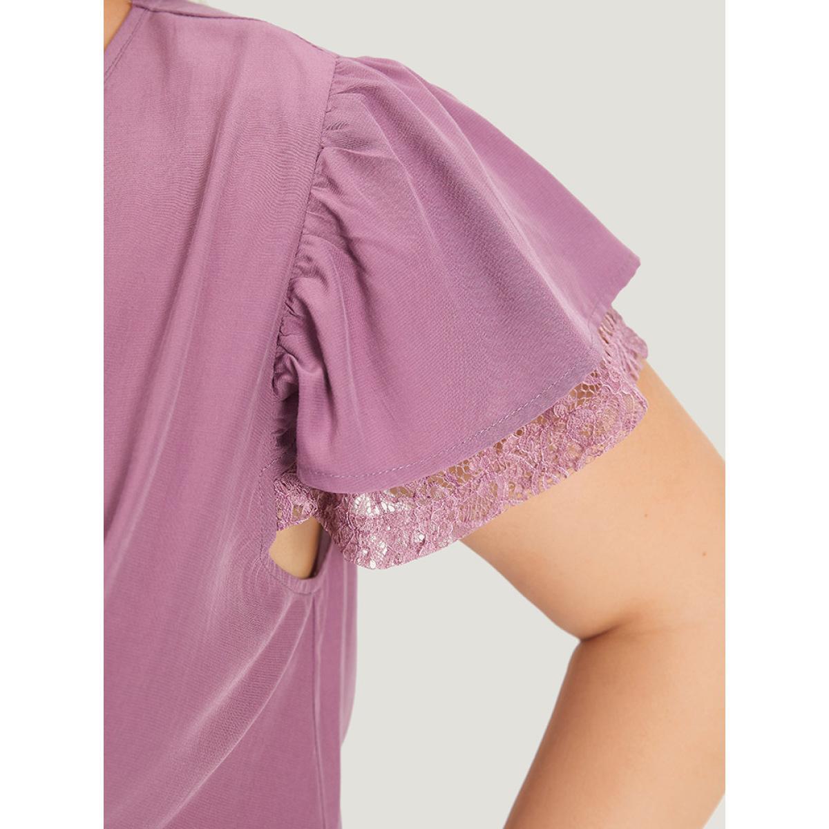 Plus Size Mauve Supersoft Essentials Solid Guipure Lace V Neck Twist Front Blouse Women Elegant Cap Sleeve V-neck Dailywear Blouses BloomChic 18-20/2X Product Image