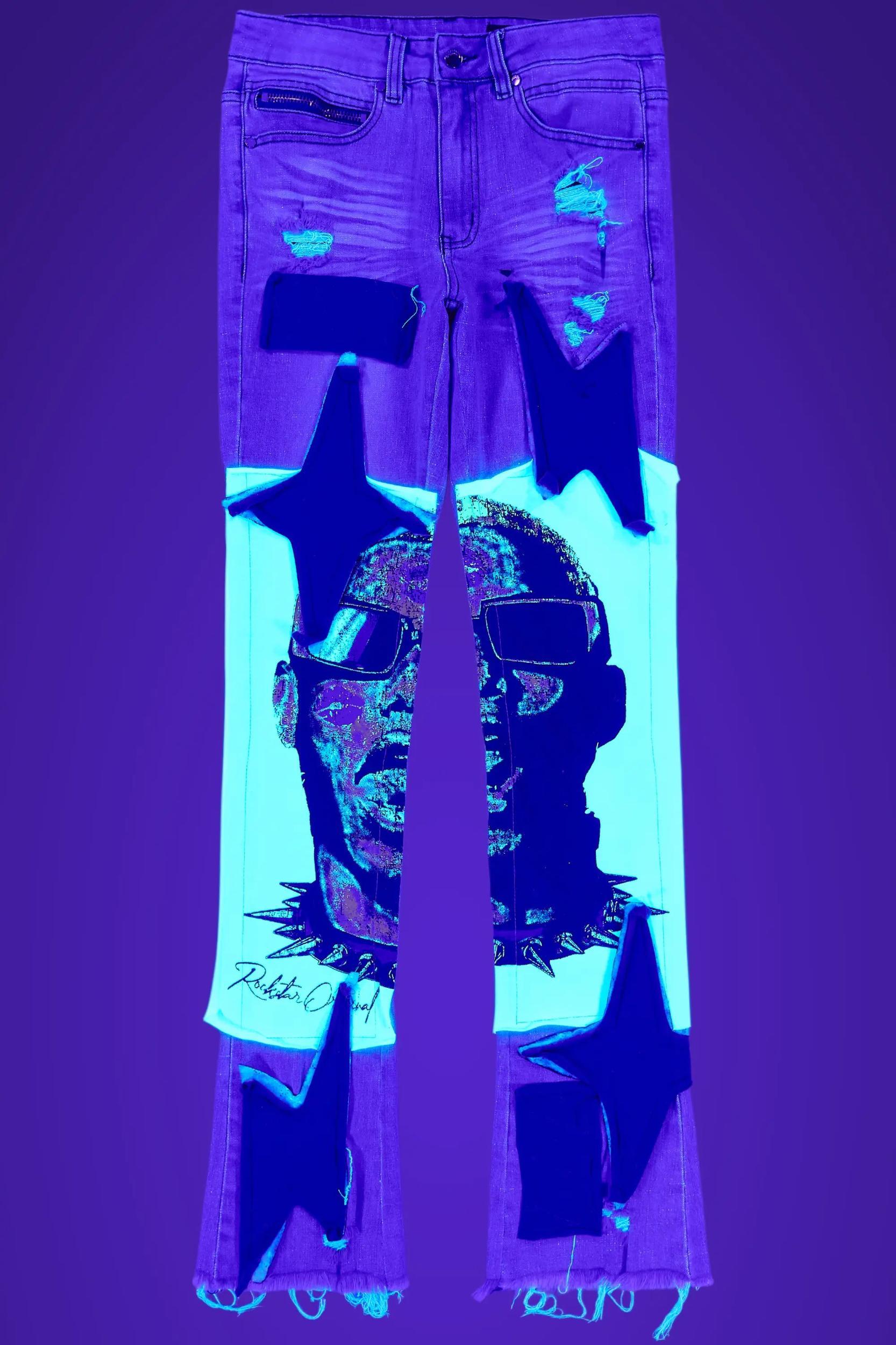 Savage Blue Patchwork Stacked Flare Jean Male Product Image