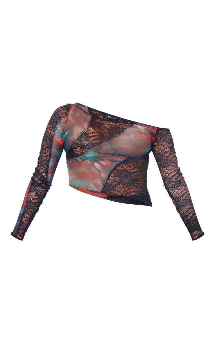 Blue Printed Mesh Lace Panelled Asymmetric Hem Top Product Image