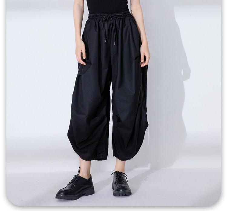 Drawstring Waist Plain Ruched Cropped Wide Leg Pants Product Image