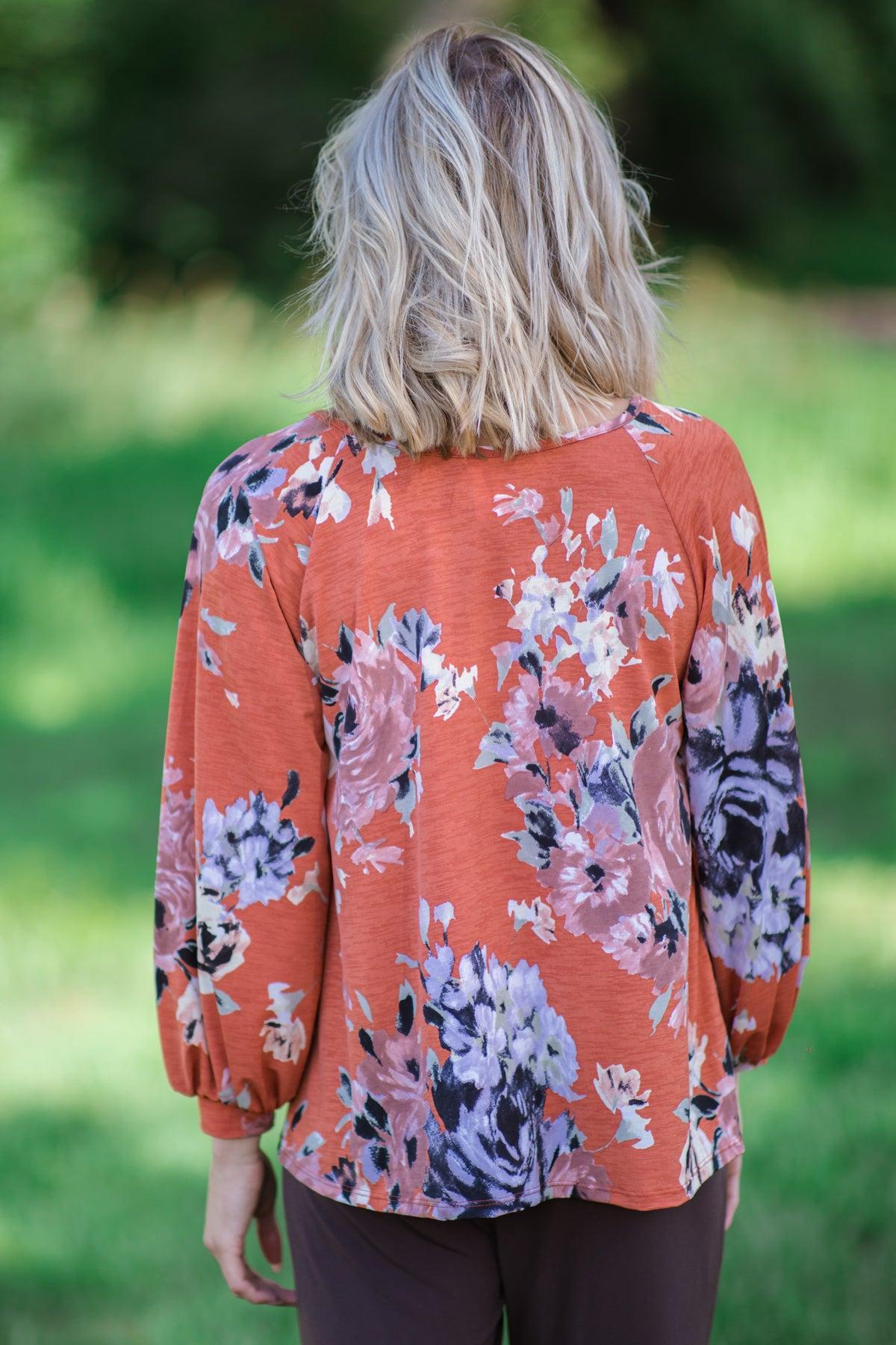 Rust Multicolor Floral Shirred Bodice Top Product Image
