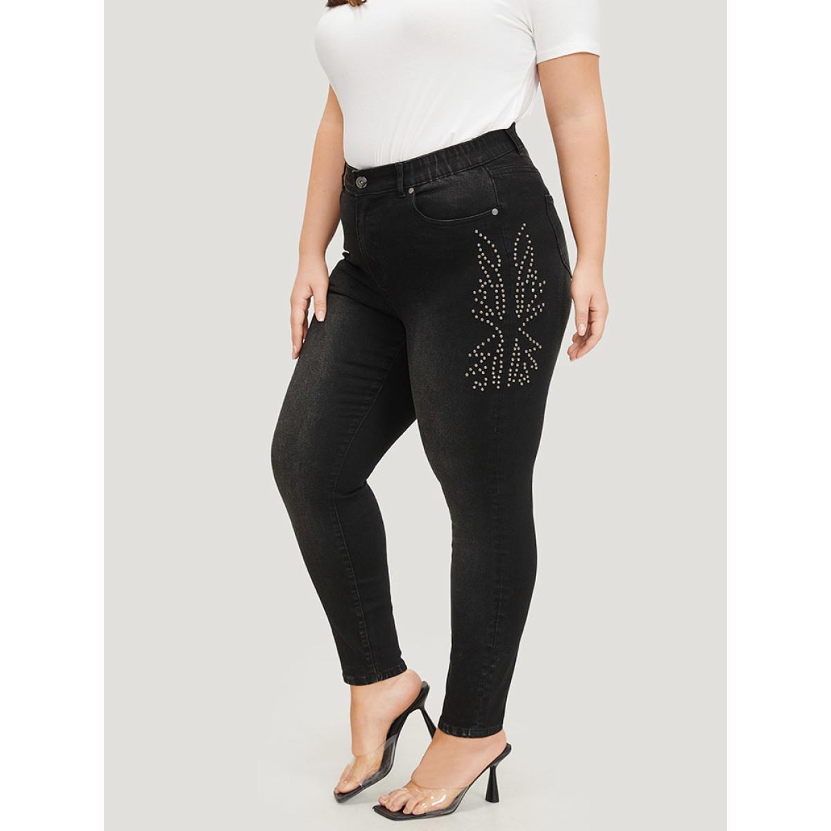 Plus Size Beaded Detail Pocket Very Stretchy Black Wash Jeans Women Black Casual Plain Beaded High stretch Pocket Jeans BloomChic 24/3X Product Image