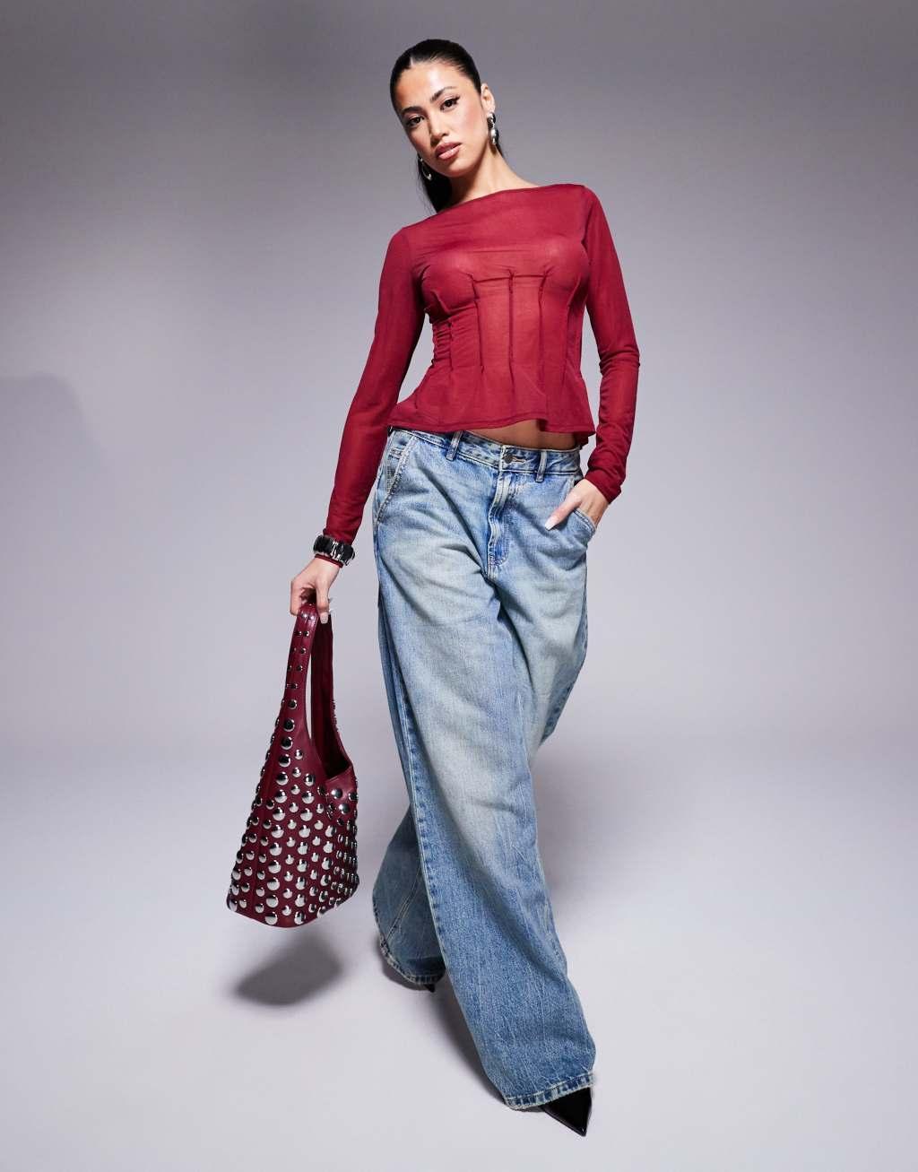 ASOS DESIGN mesh dart detail long sleeve top in burgundy Product Image