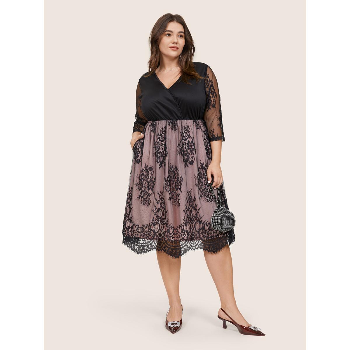 Plus Size Crochet Lace Mesh Overlap Collar Dress Black Women Glamour Lined Overlap Collar Elbow-length sleeve Curvy Midi Dress BloomChic 18-20/2X Product Image