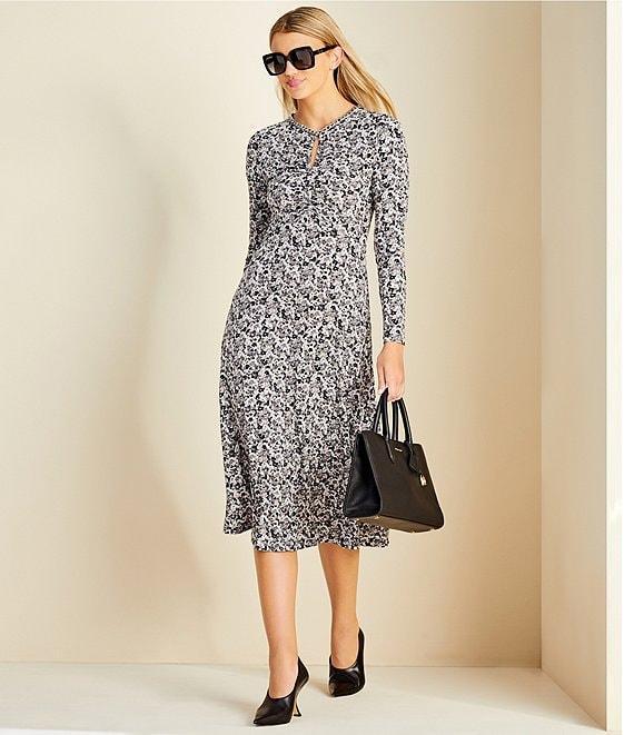 Michael Kors Printed Keyhole Chain Neckline Long Sleeve A-Line Midi Dress Product Image