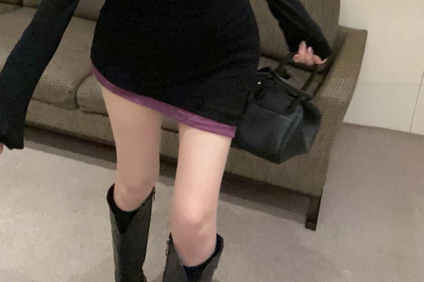 Mock Two-Piece Long-Sleeve Halter Two Tone Asymmetrical Mini Sheath Dress Product Image