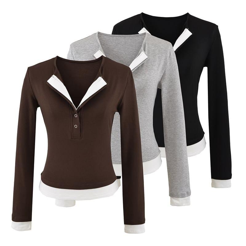Mock Two-Piece Long-Sleeve Two-Tone Henley Tee Product Image