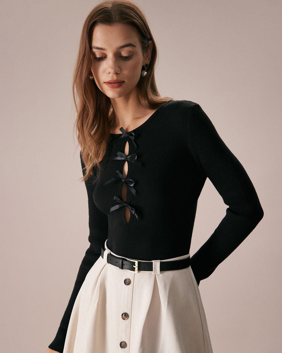 The Black Boat Neck Bowknot Front Knit Top Product Image