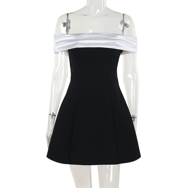 Off Shoulder Two Tone A-Line Mini Dress Product Image