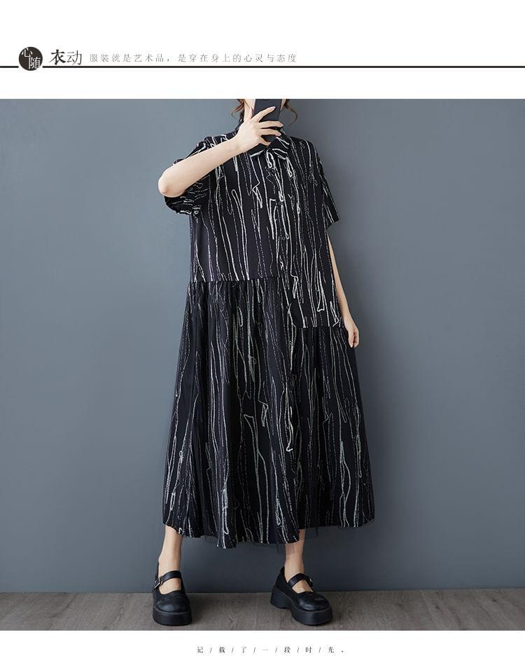 Elbow-Sleeve Collared Print Mesh Panel Half-Buttoned Midi Tunic Dress Product Image