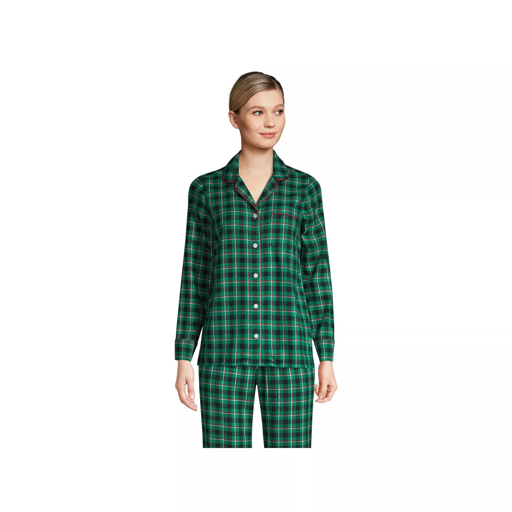 Womens Lands End Long Sleeve Flannel Pajama Top Green Gulf Check Product Image