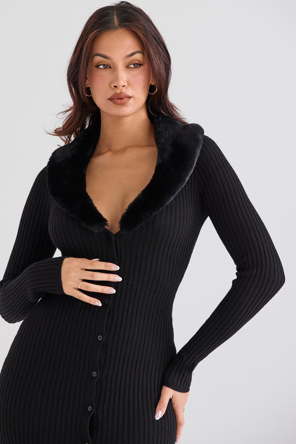 Raine Black Faux Fur Trim Dress Product Image