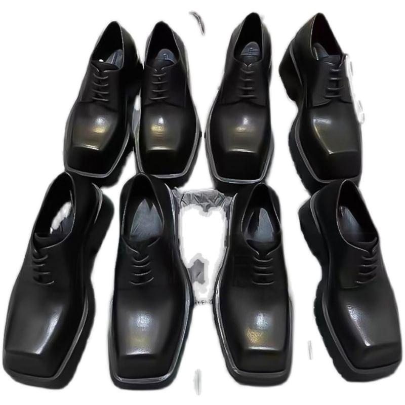 Platform Square Toe Plain Lace-Up Genuine Leather Shoes Product Image